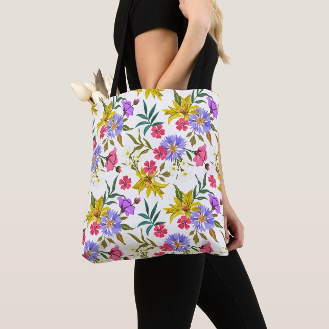 Colourful pretty flowers pattern tote bag (Close Up)