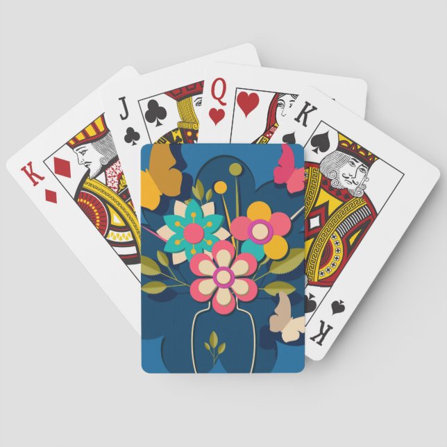 Colourful Pretty Modern Flowers Bouquet on Blue Playing Cards (Back)