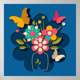 Colourful Pretty Modern Flowers Bouquet on Blue Poster
