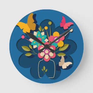 Colourful Pretty Modern Flowers Bouquet on Blue Round Clock