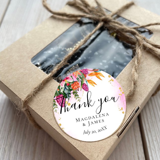 Colourful Pretty Pink Orange Tropical Flowers Favo Classic Round Sticker (Creator Uploaded)