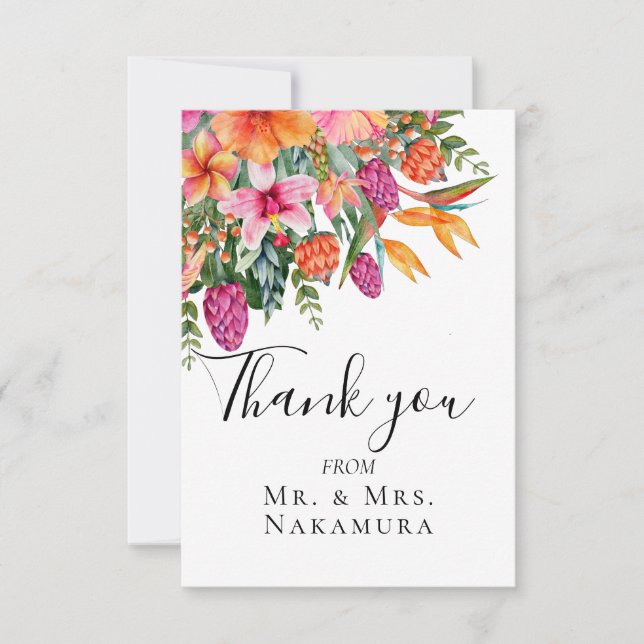Colourful Pretty Pink Orange Tropical Flowers Phot Thank You Card (Front)