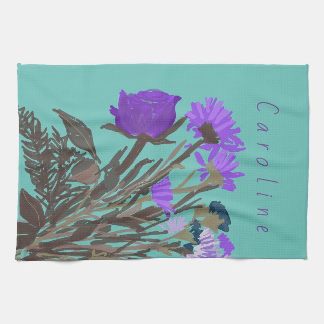 Colourful Pretty Spring Flowers + Custom Name Tea Towel (Horizontal)