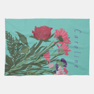 Colourful Pretty Spring Flowers + Custom Name Tea Towel