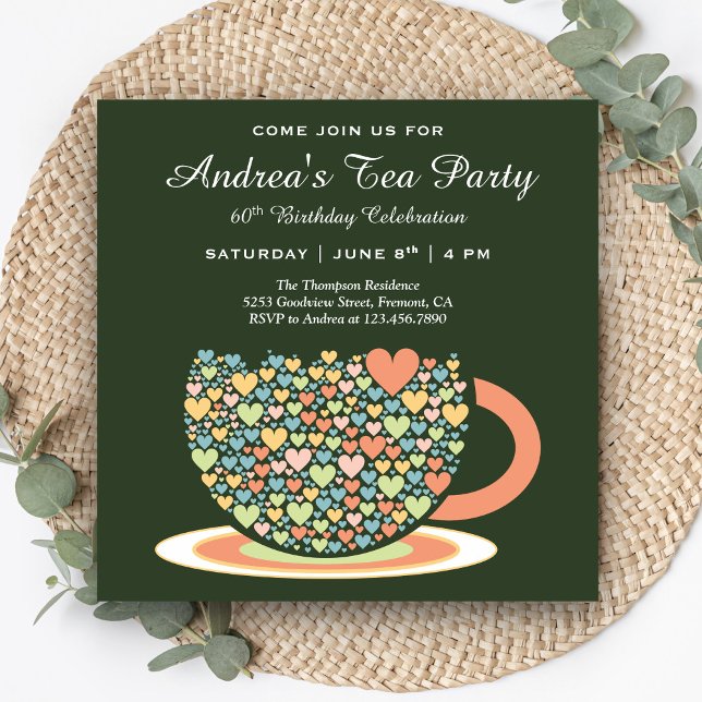 Colourful Pretty Tea Cup | Green Birthday Tea Part Invitation (Creator Uploaded)