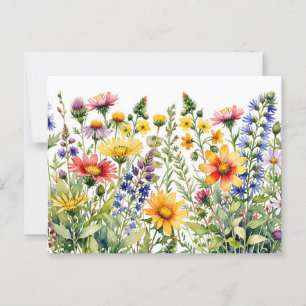 Colourful pretty wildflowers watercolor painting postcard