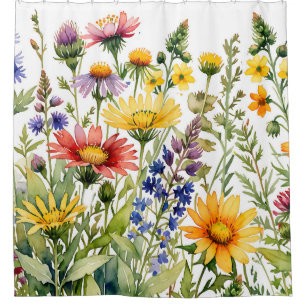 Colourful pretty wildflowers watercolor painting shower curtain