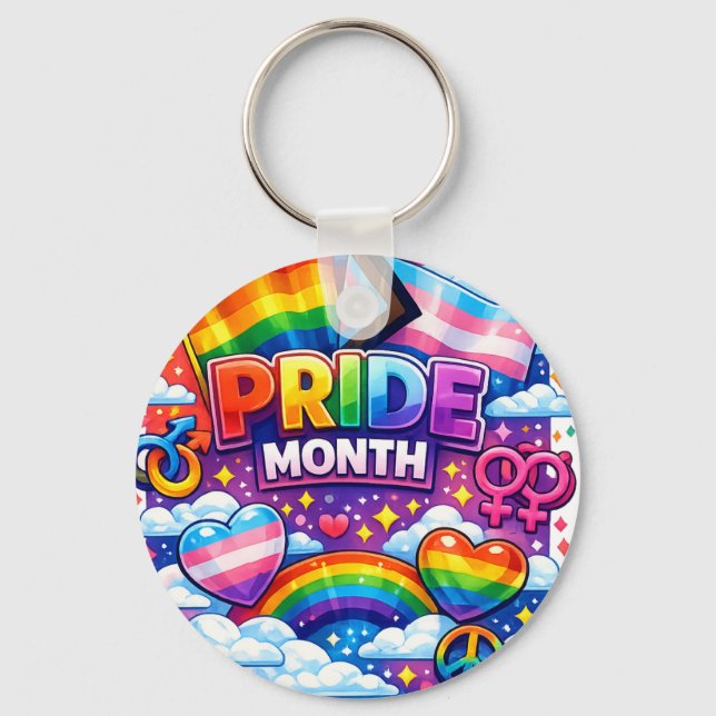 Colourful Pride Month Rainbow and Unicorn Art  Key Ring (Front)