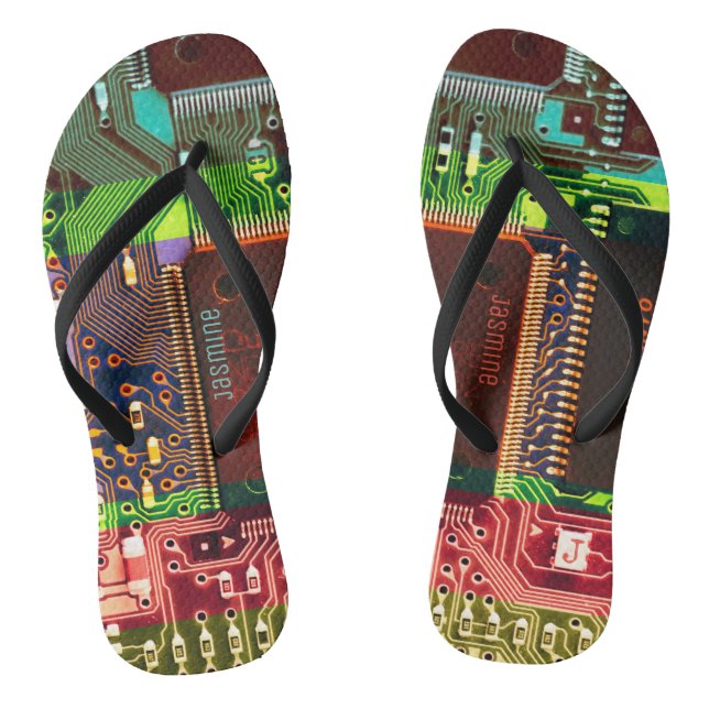 Colourful Printed Circuit Board Personalised Geeky Flip Flops (Footbed)