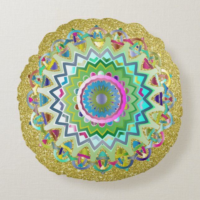 Colourful Prismatic Celtic Knots Gold Faux Glitter Round Cushion (Front)