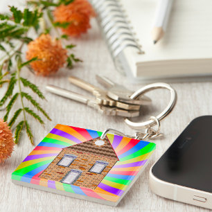 Colourful Psychedelic Brick House Rainbow Design Key Ring