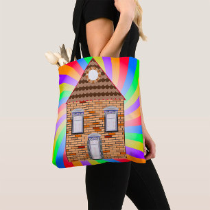 Colourful Psychedelic Brick House Rainbow Design Tote Bag