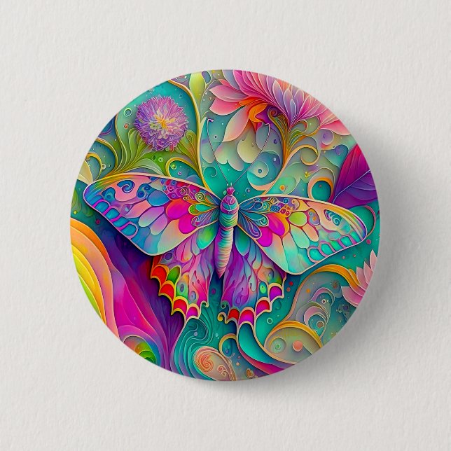 Colourful Psychedelic Butterfly and Flowers  6 Cm Round Badge (Front)