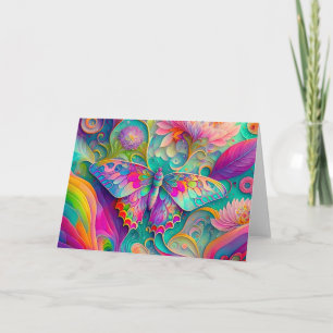 Colourful Psychedelic Butterfly and Flowers Card