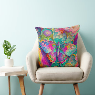 Colourful Psychedelic Butterfly and Flowers  Cushion