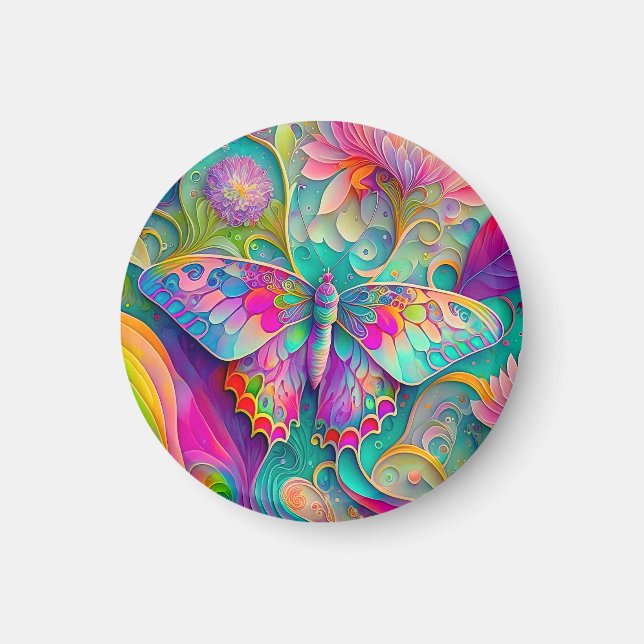 Colourful Psychedelic Butterfly and Flowers  Magnet (Front)