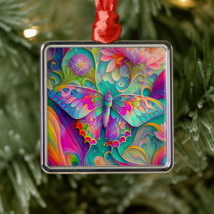 Colourful Psychedelic Butterfly and Flowers  Metal Tree Decoration