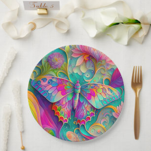 Colourful Psychedelic Butterfly and Flowers  Paper Plate
