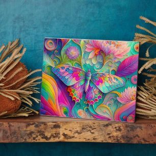 Colourful Psychedelic Butterfly and Flowers  Plaque
