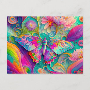 Colourful Psychedelic Butterfly and Flowers Postcard