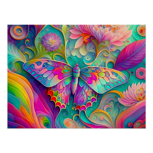 Colourful Psychedelic Butterfly and Flowers  Poster (Front)