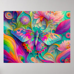 Colourful Psychedelic Butterfly and Flowers  Poster