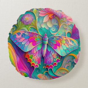 Colourful Psychedelic Butterfly and Flowers  Round Cushion