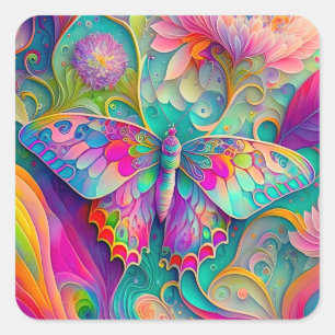 Colourful Psychedelic Butterfly and Flowers  Square Sticker