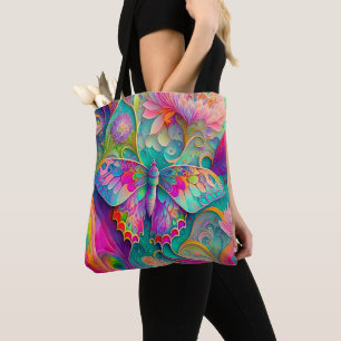 Colourful Psychedelic Butterfly and Flowers  Tote Bag