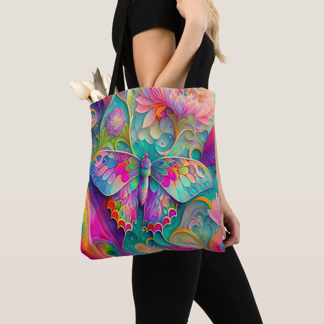 Colourful Psychedelic Butterfly and Flowers  Tote Bag (Close Up)