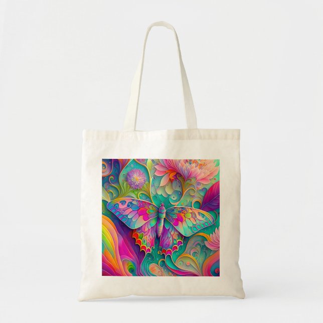 Colourful Psychedelic Butterfly and Flowers  Tote Bag (Front)