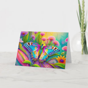 Colourful Psychedelic Butterfly and Wildflowers Card