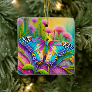 Colourful Psychedelic Butterfly and Wildflowers Ceramic Ornament