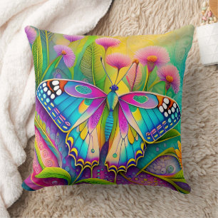 Colourful Psychedelic Butterfly and Wildflowers Cushion
