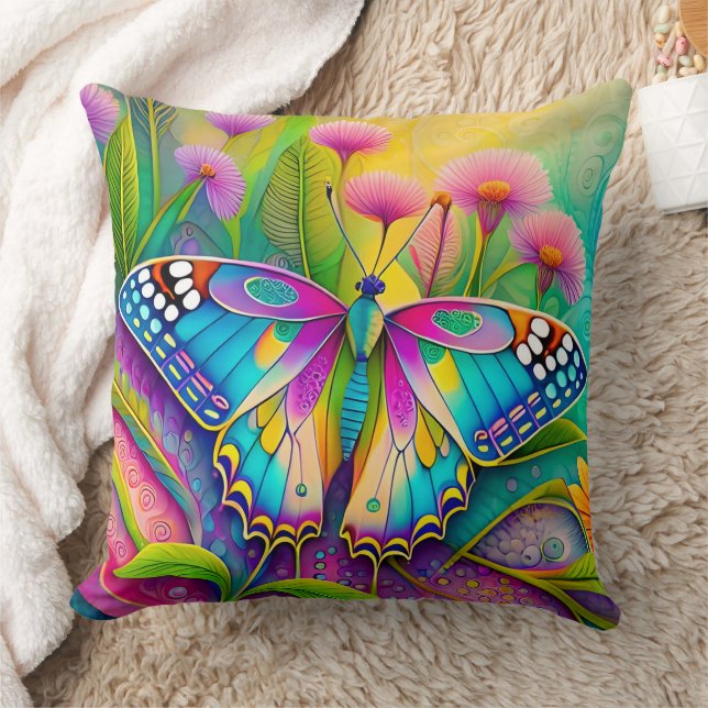 Colourful Psychedelic Butterfly and Wildflowers  Cushion (Blanket)