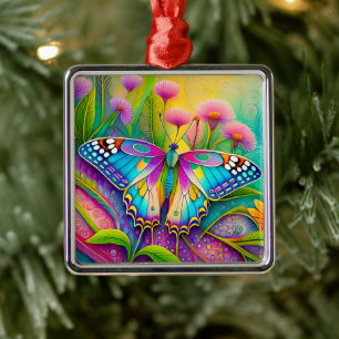 Colourful Psychedelic Butterfly and Wildflowers Metal Tree Decoration