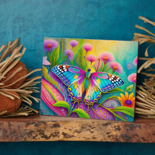 Colourful Psychedelic Butterfly and Wildflowers  Plaque