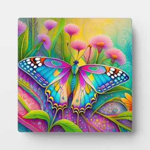 Colourful Psychedelic Butterfly and Wildflowers  Plaque