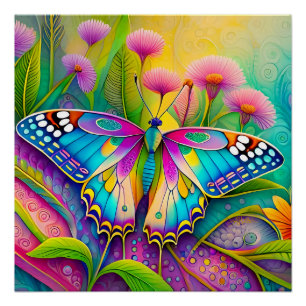 Colourful Psychedelic Butterfly and Wildflowers  Poster