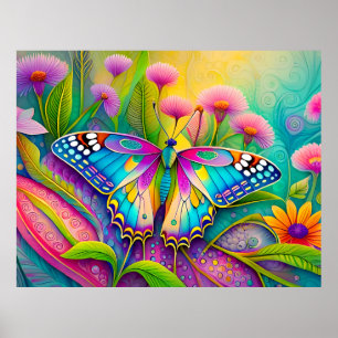 Colourful Psychedelic Butterfly and Wildflowers  Poster