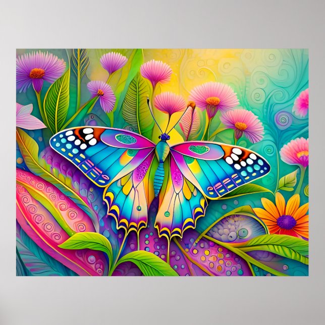 Colourful Psychedelic Butterfly and Wildflowers  Poster (Front)