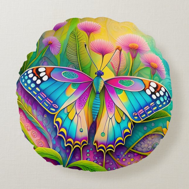 Colourful Psychedelic Butterfly and Wildflowers  Round Cushion (Front)
