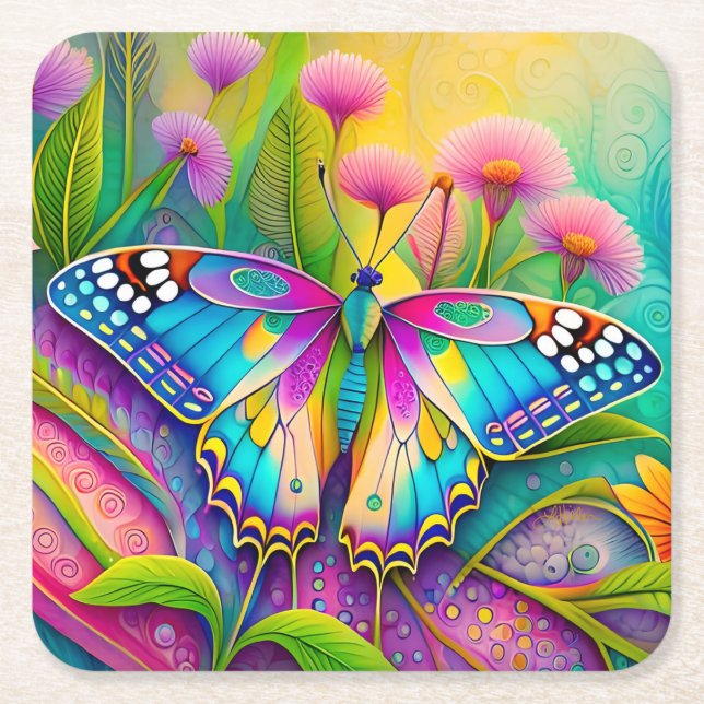 Colourful Psychedelic Butterfly and Wildflowers  Square Paper Coaster (Front)
