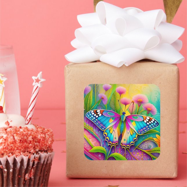 Colourful Psychedelic Butterfly and Wildflowers  Square Sticker (Party)