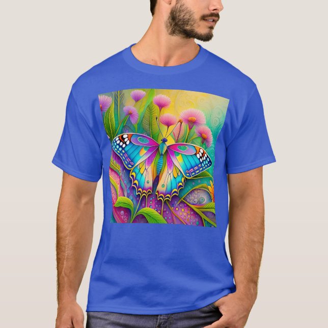 Colourful Psychedelic Butterfly and Wildflowers  T-Shirt (Front)