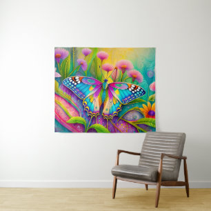 Colourful Psychedelic Butterfly and Wildflowers  Tapestry