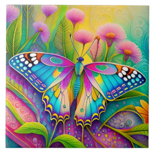 Colourful Psychedelic Butterfly and Wildflowers Tile