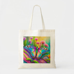 Colourful Psychedelic Butterfly and Wildflowers  Tote Bag