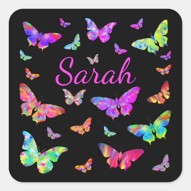 Colourful Psychedelic Butterfly Art Sarah Add Name Square Sticker (Front)