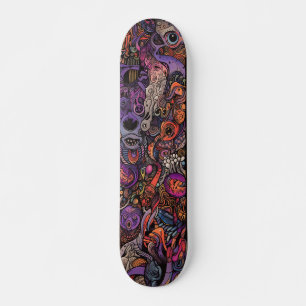 Colourful psychedelic creatures skateboard